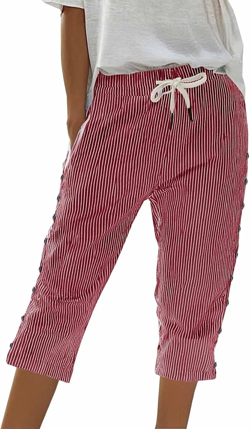 GIERIDUC Linen Pants Women Loose Capris for Women Summer Cropped Drawstring Elastic Waist Trouser Side Button Bermuda Shorts