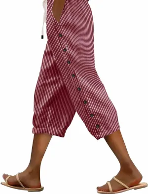 GIERIDUC Linen Pants Women Loose Capris for Women Summer Cropped Drawstring Elastic Waist Trouser Side Button Bermuda Shorts