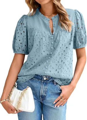 Glamaker Womens Summer Tops Blouse 2025 Casual Eyelet Embroidered Short Puff Sleeve Lace Hollow Out Button Dressy Shirts