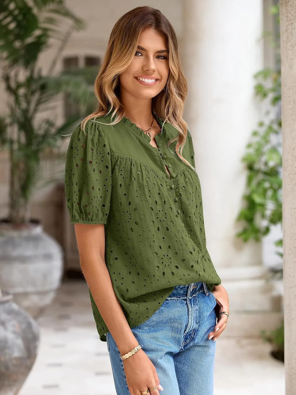 Glamaker Womens Summer Tops Blouse 2025 Casual Eyelet Embroidered Short Puff Sleeve Lace Hollow Out Button Dressy Shirts