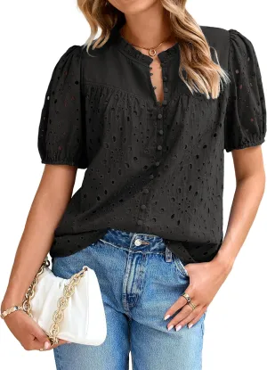 Glamaker Womens Summer Tops Blouse 2025 Casual Eyelet Embroidered Short Puff Sleeve Lace Hollow Out Button Dressy Shirts