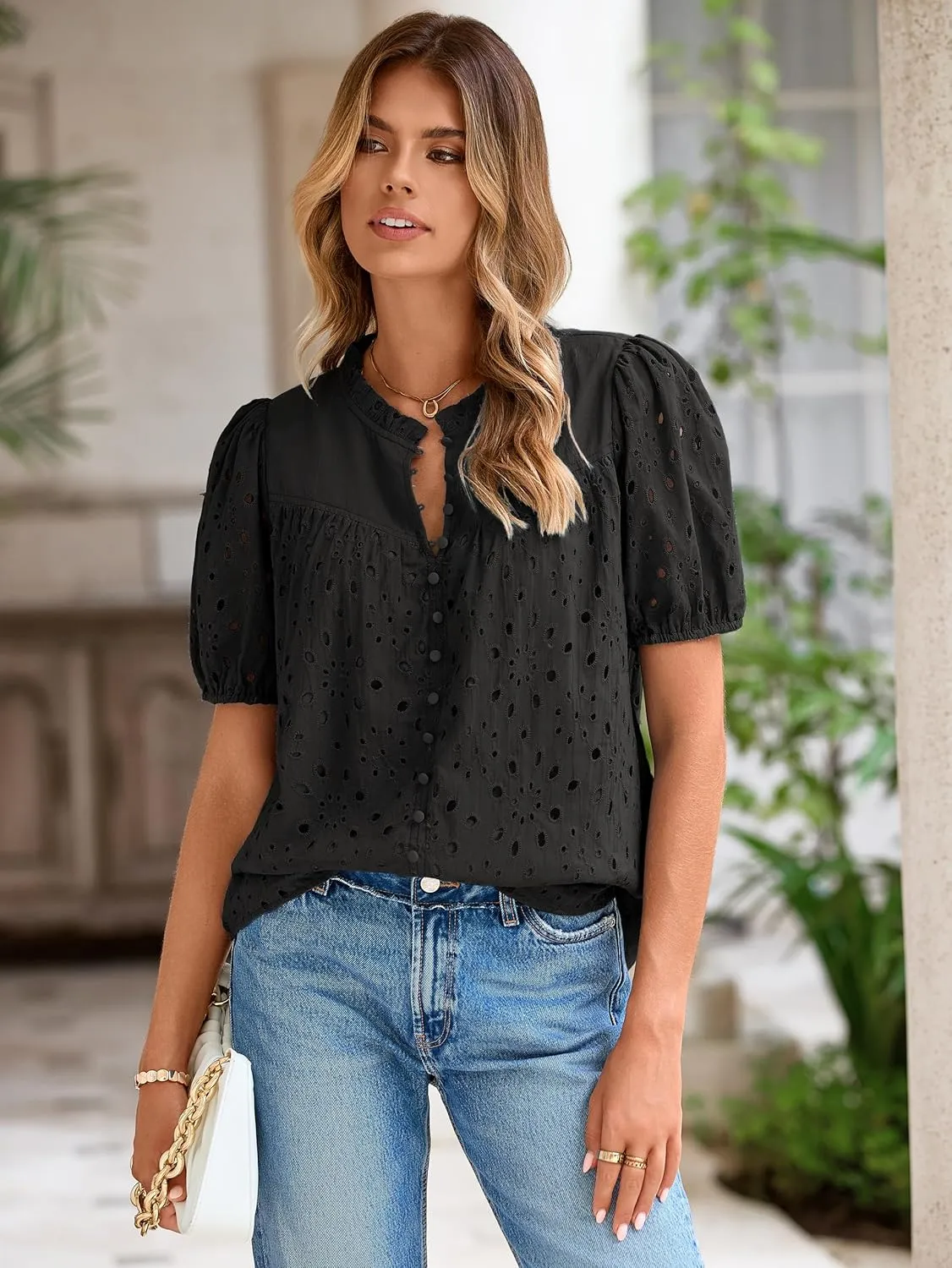 Glamaker Womens Summer Tops Blouse 2025 Casual Eyelet Embroidered Short Puff Sleeve Lace Hollow Out Button Dressy Shirts