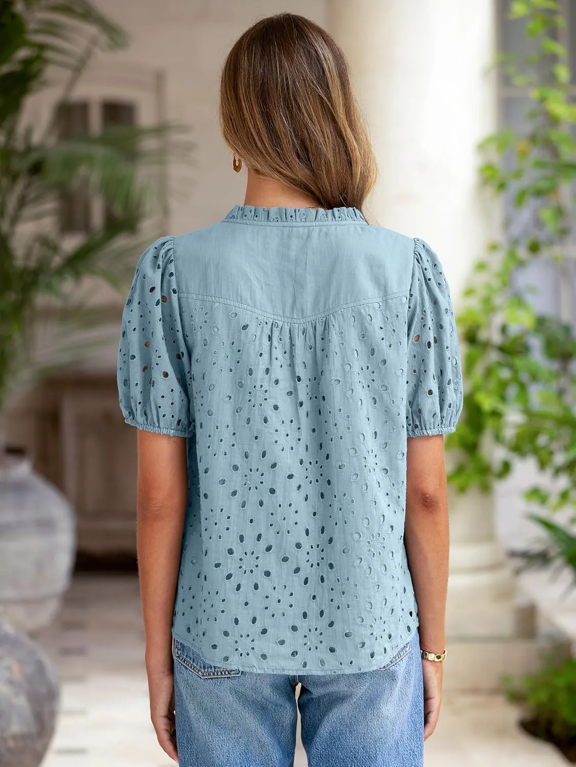 Glamaker Womens Summer Tops Blouse 2025 Casual Eyelet Embroidered Short Puff Sleeve Lace Hollow Out Button Dressy Shirts