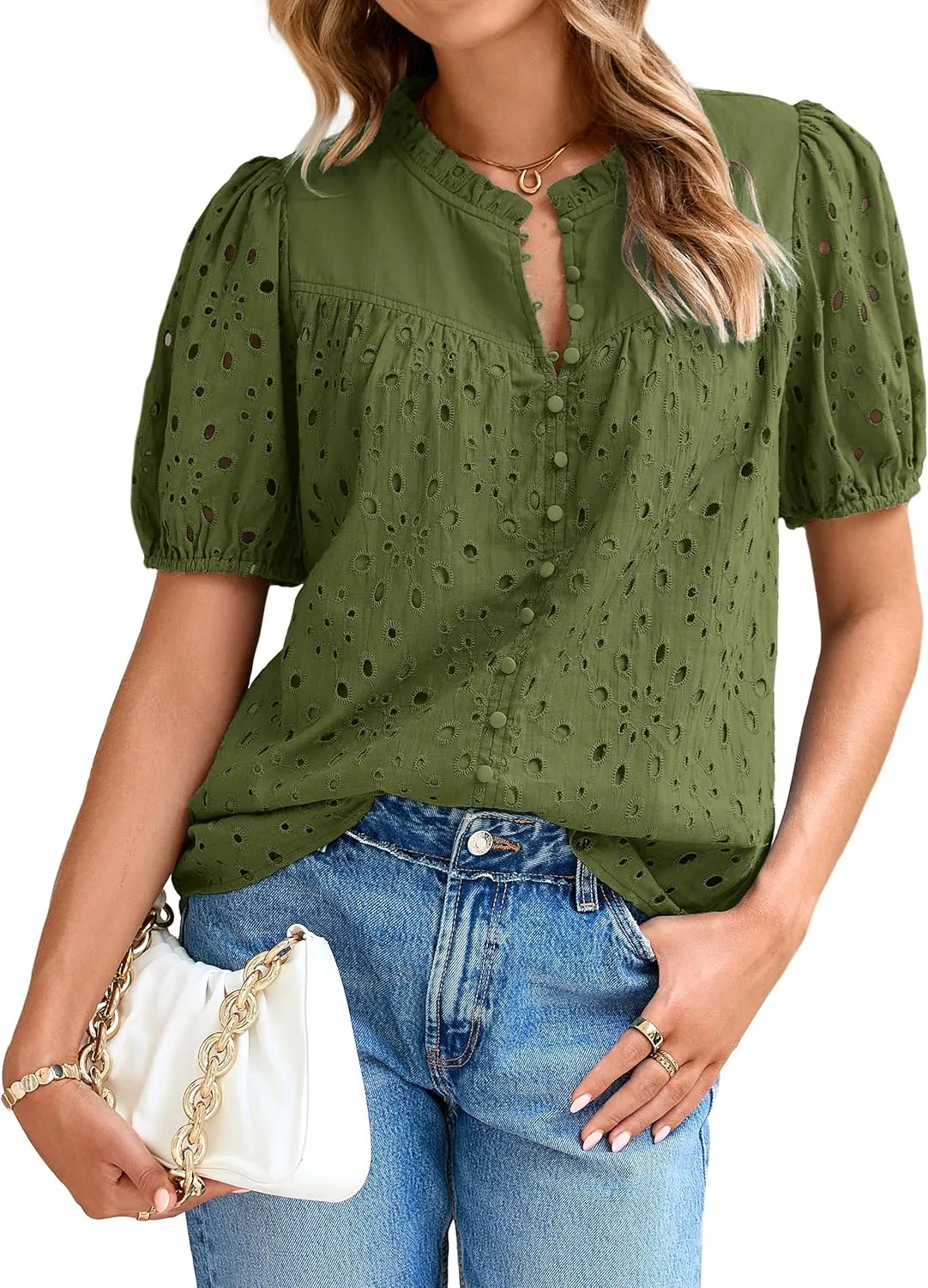 Glamaker Womens Summer Tops Blouse 2025 Casual Eyelet Embroidered Short Puff Sleeve Lace Hollow Out Button Dressy Shirts