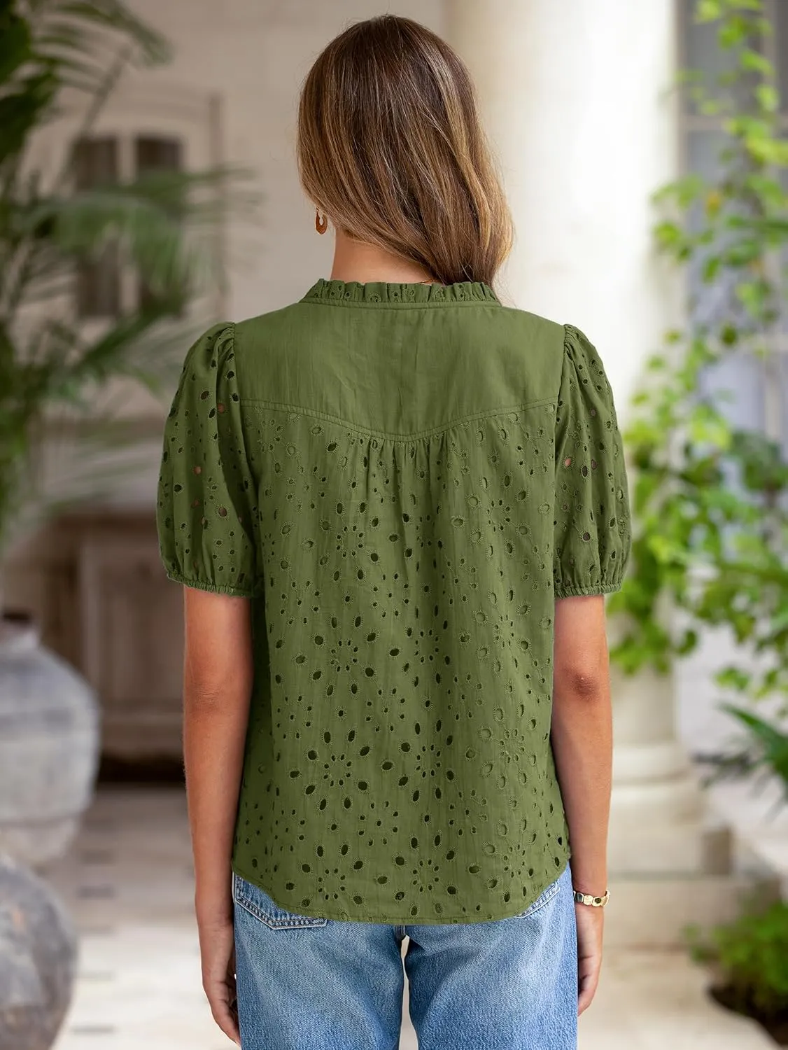 Glamaker Womens Summer Tops Blouse 2025 Casual Eyelet Embroidered Short Puff Sleeve Lace Hollow Out Button Dressy Shirts