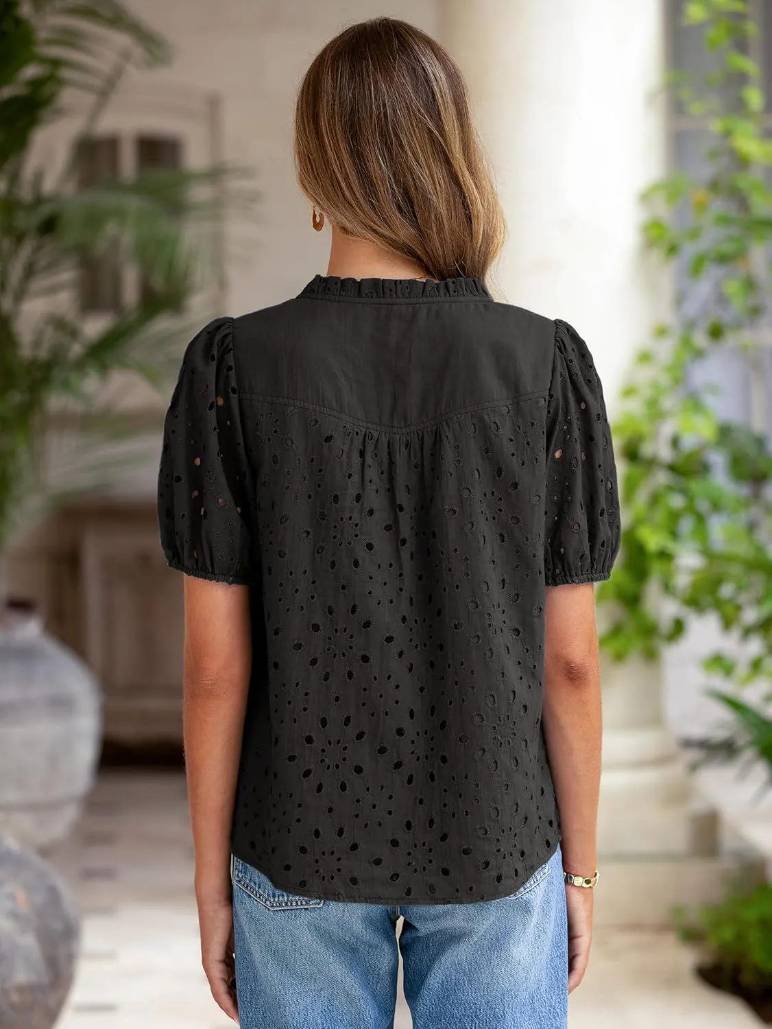Glamaker Womens Summer Tops Blouse 2025 Casual Eyelet Embroidered Short Puff Sleeve Lace Hollow Out Button Dressy Shirts