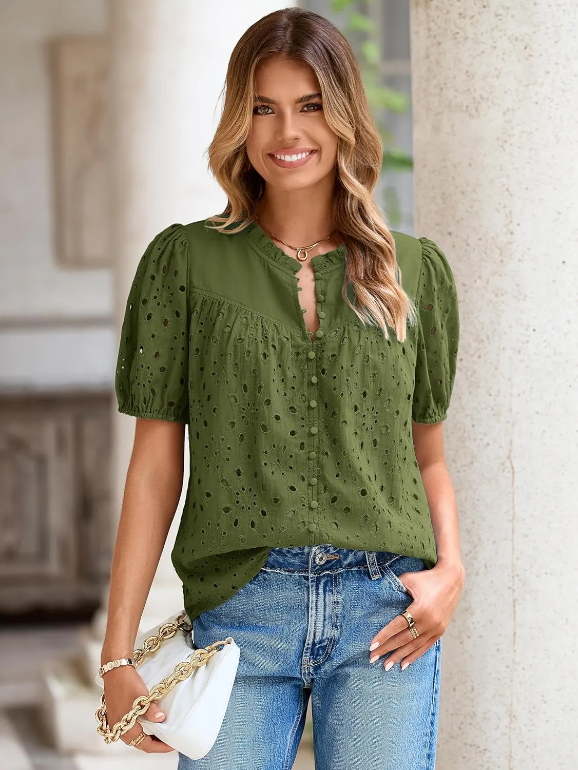 Glamaker Womens Summer Tops Blouse 2025 Casual Eyelet Embroidered Short Puff Sleeve Lace Hollow Out Button Dressy Shirts