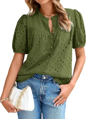 Glamaker Womens Summer Tops Blouse 2025 Casual Eyelet Embroidered Short Puff Sleeve Lace Hollow Out Button Dressy Shirts