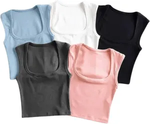 GORGLITTER Women's 5 Pieces Cami Outfits Solid Scoop Neck Sleeveless Tank Camisole Tops