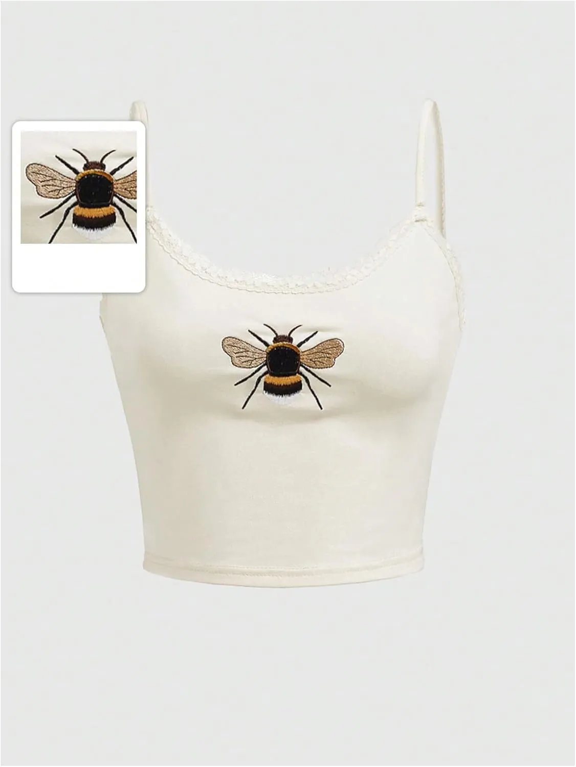 GORGLITTER Women's Bee Embroidery Cropped Cami Tops Sleeveless Lace Trim Cute Camisole Top