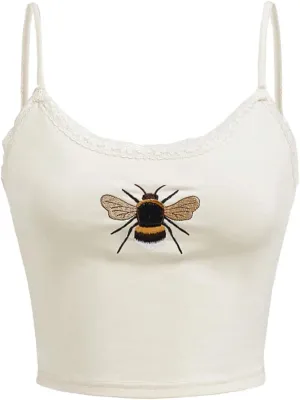 GORGLITTER Women's Bee Embroidery Cropped Cami Tops Sleeveless Lace Trim Cute Camisole Top