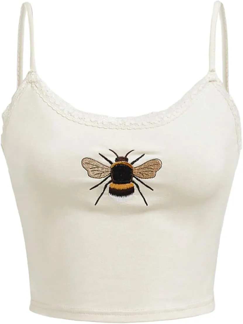 GORGLITTER Women's Bee Embroidery Cropped Cami Tops Sleeveless Lace Trim Cute Camisole Top