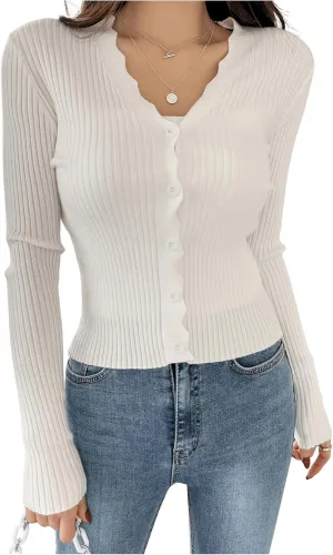GORGLITTER Women's Button Up Cardigan Open Front Ribbed Knit Sweater Long Sleeve Tops