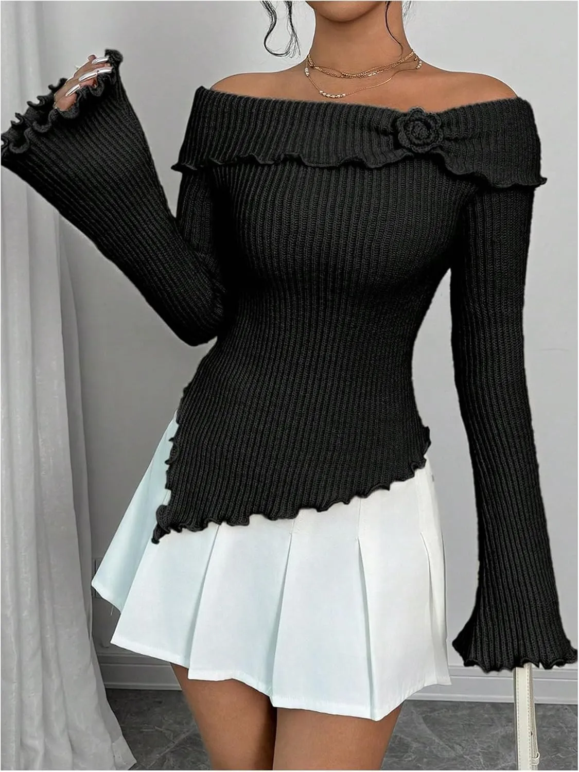 GORGLITTER Women's Floral Off The Shoulder Sweater Coquette Flare Sleeve Asymmetrical Knit Tops