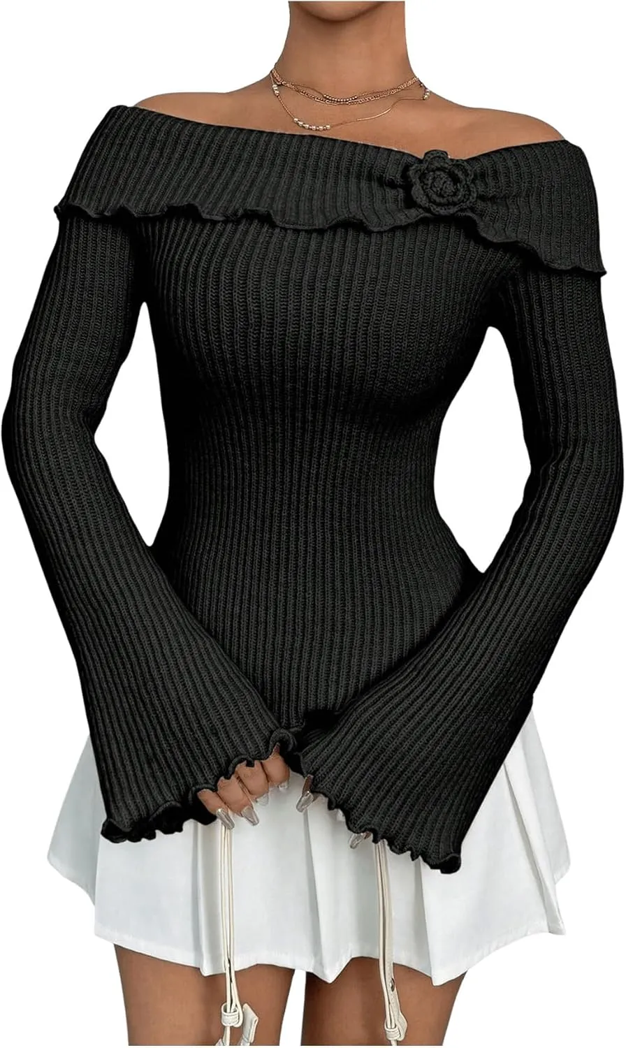 GORGLITTER Women's Floral Off The Shoulder Sweater Coquette Flare Sleeve Asymmetrical Knit Tops