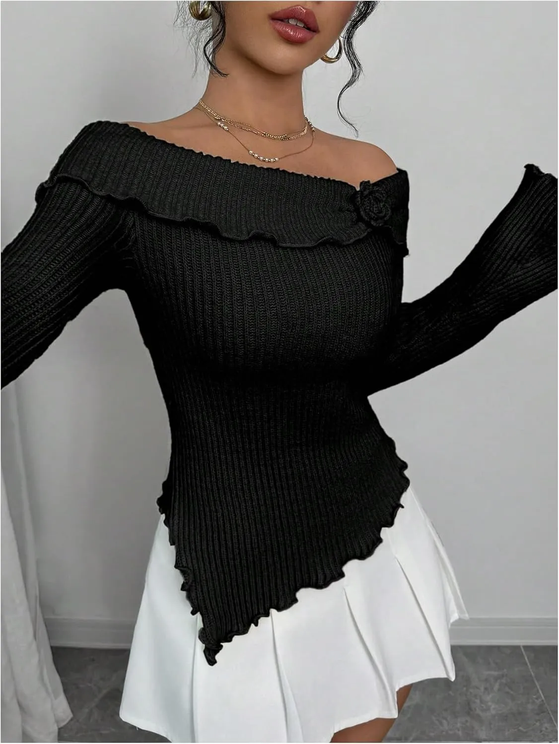 GORGLITTER Women's Floral Off The Shoulder Sweater Coquette Flare Sleeve Asymmetrical Knit Tops