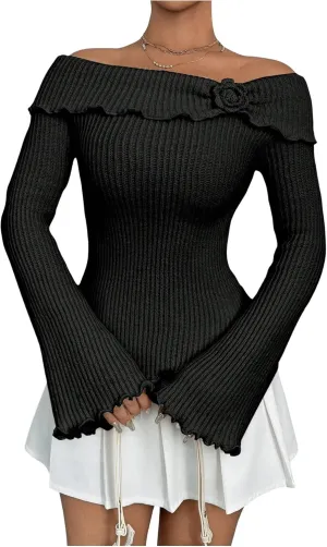 GORGLITTER Women's Floral Off The Shoulder Sweater Coquette Flare Sleeve Asymmetrical Knit Tops