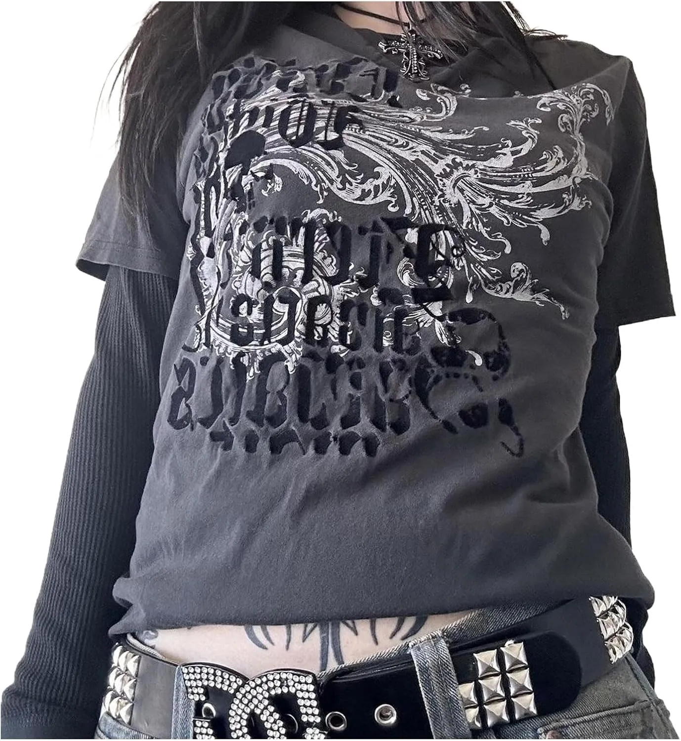 Goth Shirt Gothic Shirt Fake Two-Piece Alternative Clothing Goth Long Sleeve Top Grunge Clothes