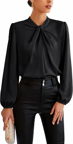 GRACE KARIN Women's Long Sleeve Shirts Mock Neck Casual Satin Blouse Tops for Business Office Work