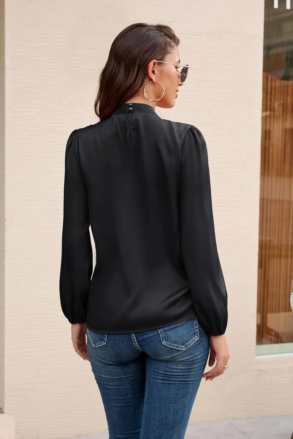 GRACE KARIN Women's Long Sleeve Shirts Mock Neck Casual Satin Blouse Tops for Business Office Work