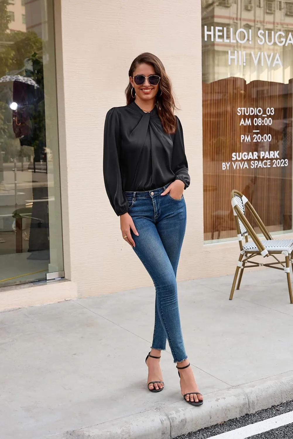 GRACE KARIN Women's Long Sleeve Shirts Mock Neck Casual Satin Blouse Tops for Business Office Work