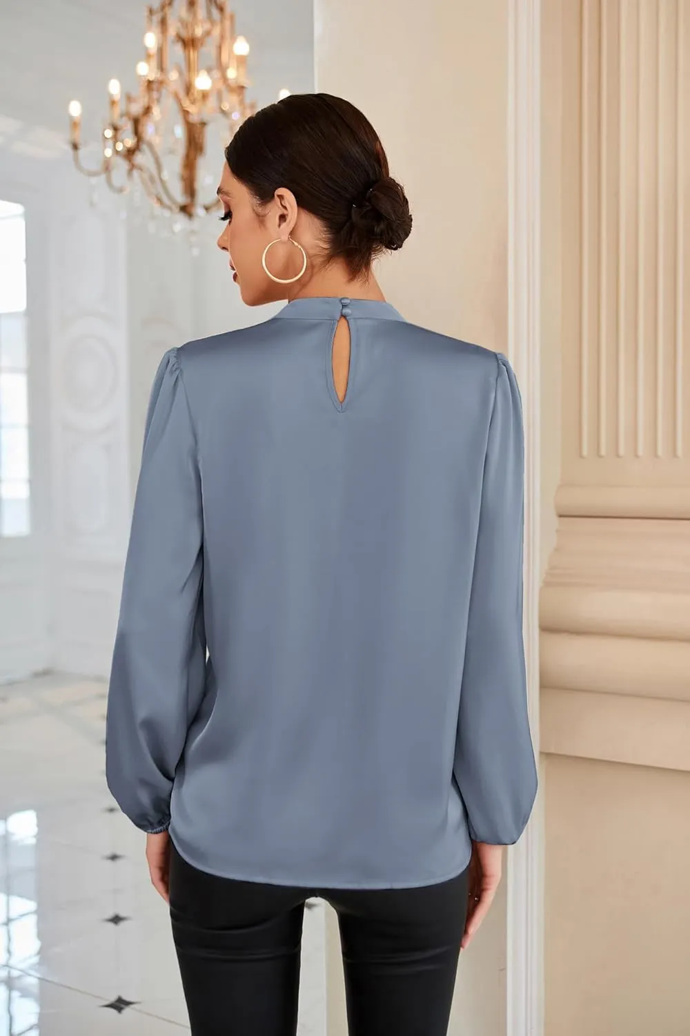 GRACE KARIN Women's Long Sleeve Shirts Mock Neck Casual Satin Blouse Tops for Business Office Work