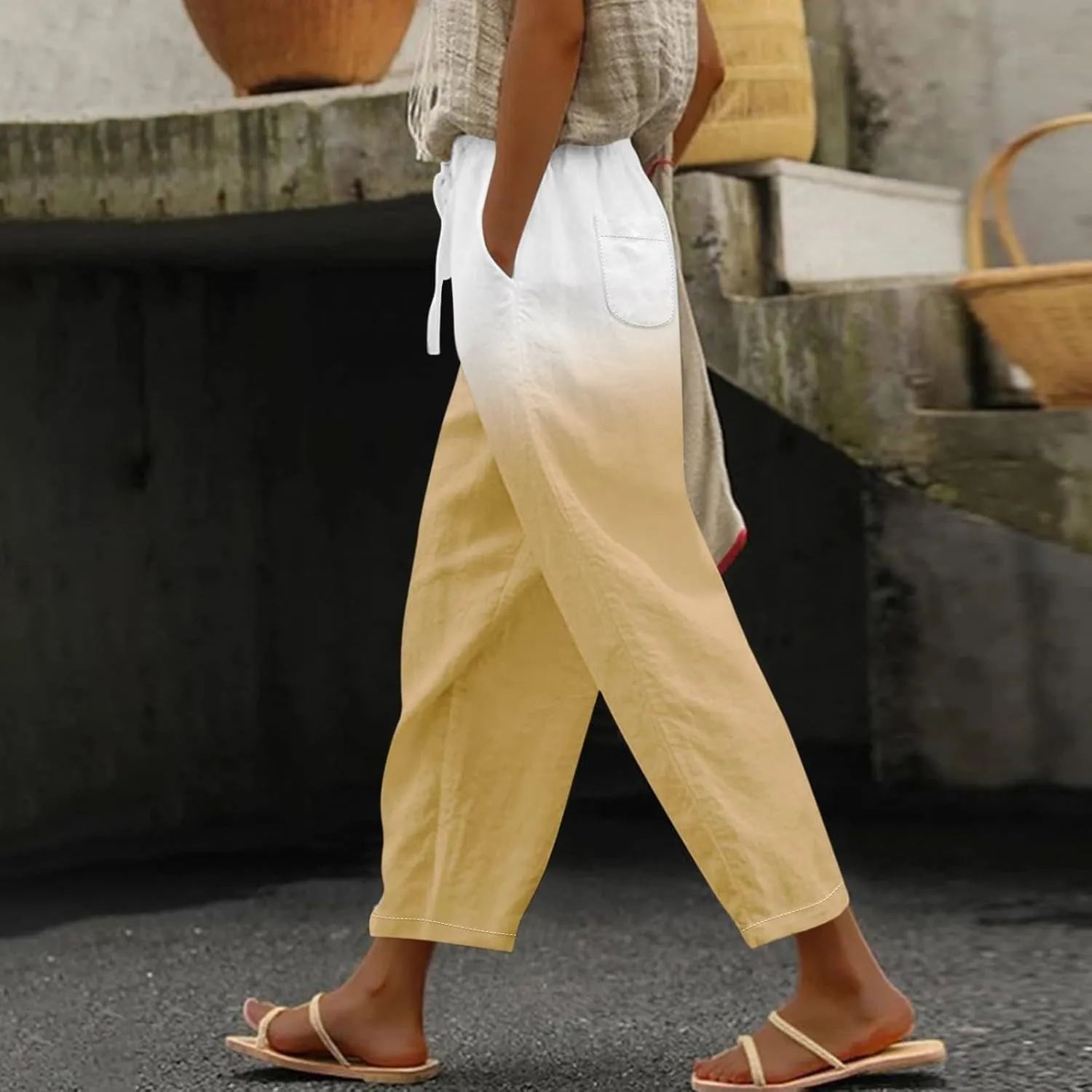 Gradient Color Pants for Women Summer Lacing Up High Waisted Tapered Trousers Lightweight Quick Dry Loose Capris with Pockets