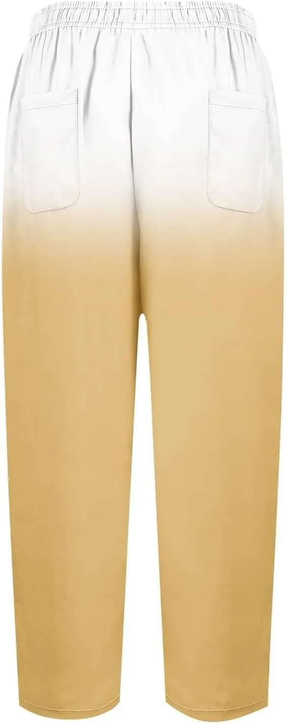 Gradient Color Pants for Women Summer Lacing Up High Waisted Tapered Trousers Lightweight Quick Dry Loose Capris with Pockets