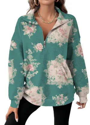 Half Zip Pullover Sweatshirt for Women Floral Oversized Outfits Long Sleeve Casual Fall Shirts with Pockets