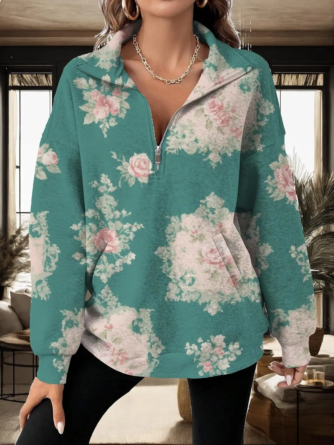 Half Zip Pullover Sweatshirt for Women Floral Oversized Outfits Long Sleeve Casual Fall Shirts with Pockets