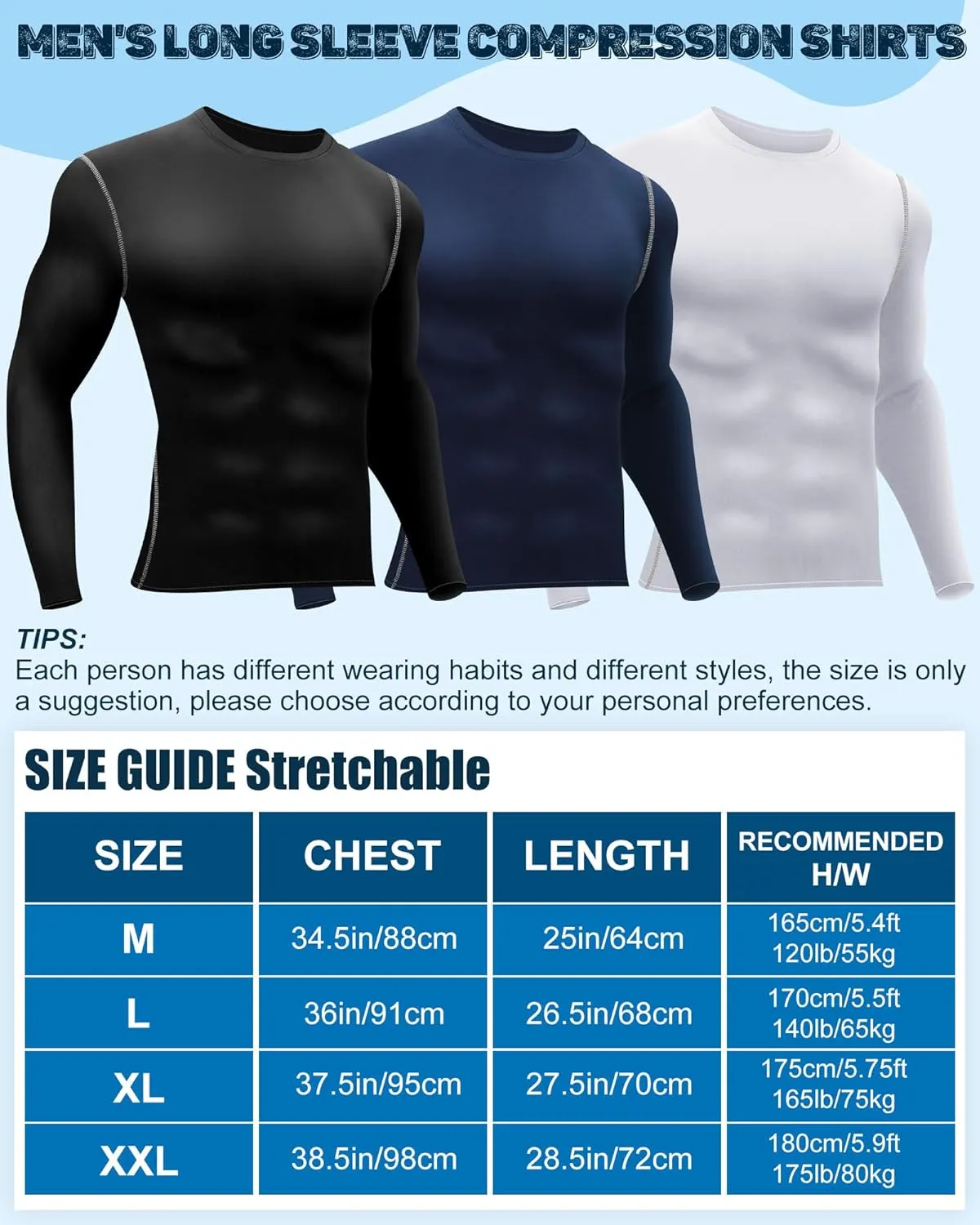Hicarer 6 Pack Men's Athletic Compression Shirts Long Sleeve Workout Running Undershirt Thermal Sport Base Layer Top