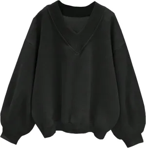 Hilinker Womens V Neck Oversized Sweatshirts Casual Drop Shoulder Long Sleeve Pullover Tops