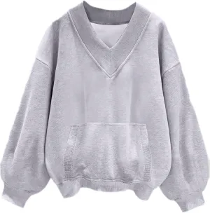 Hilinker Womens V Neck Oversized Sweatshirts Casual Drop Shoulder Long Sleeve Pullover Tops