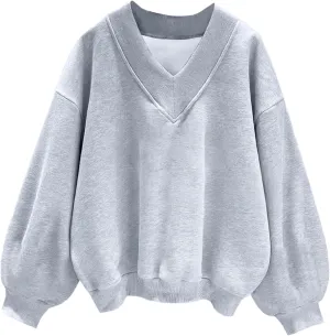 Hilinker Womens V Neck Oversized Sweatshirts Casual Drop Shoulder Long Sleeve Pullover Tops
