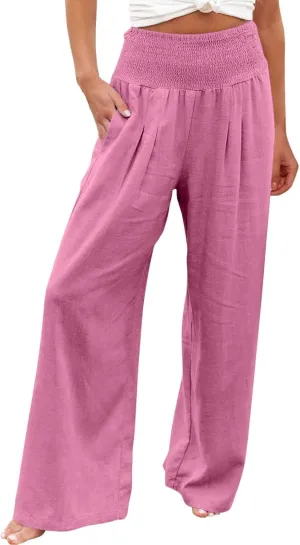 hlysgo Wide Leg Pants Women Smocked Waist Loose Fit Lounge Pants Fashion High Waisted Cotton Linen Straight Trouser Pants