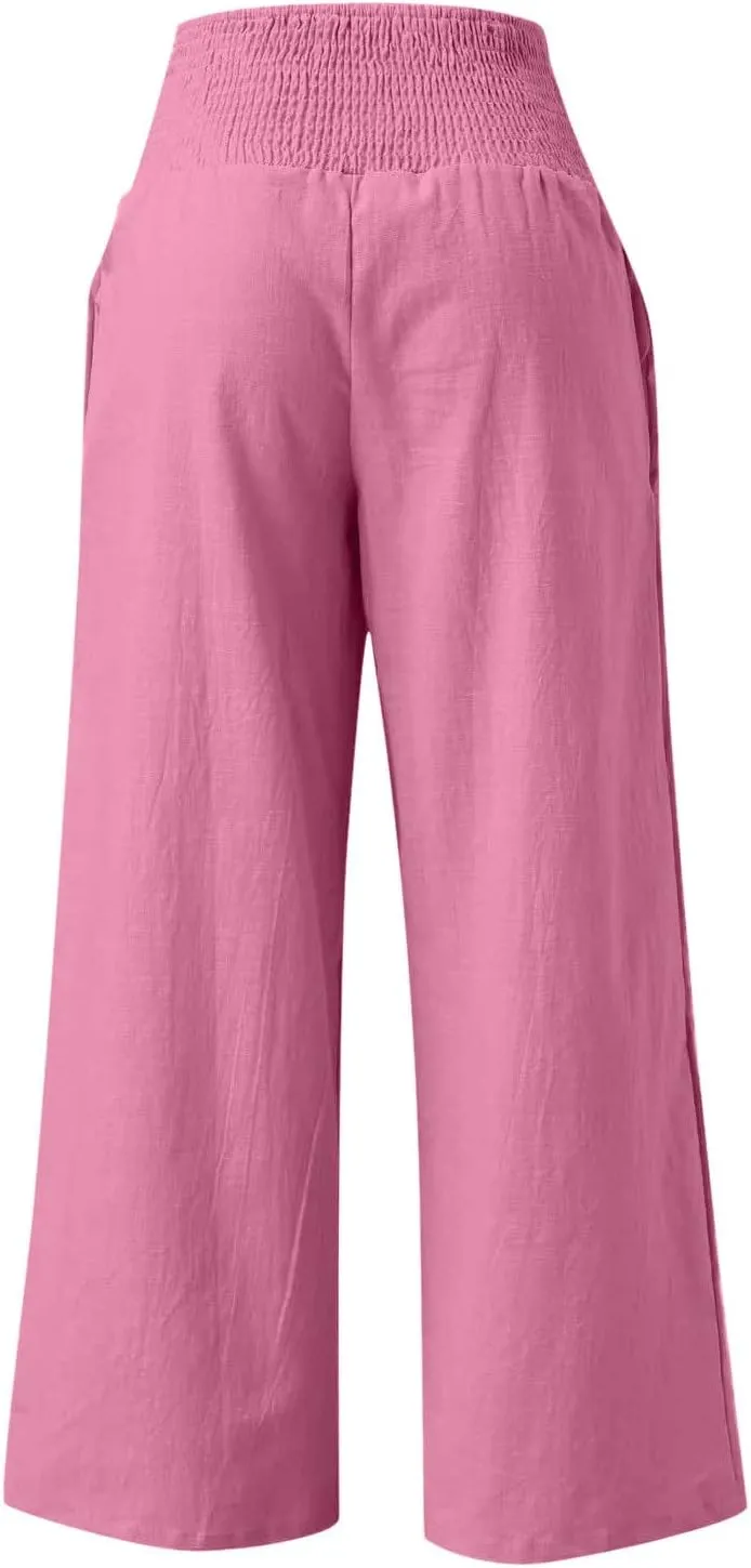 hlysgo Wide Leg Pants Women Smocked Waist Loose Fit Lounge Pants Fashion High Waisted Cotton Linen Straight Trouser Pants
