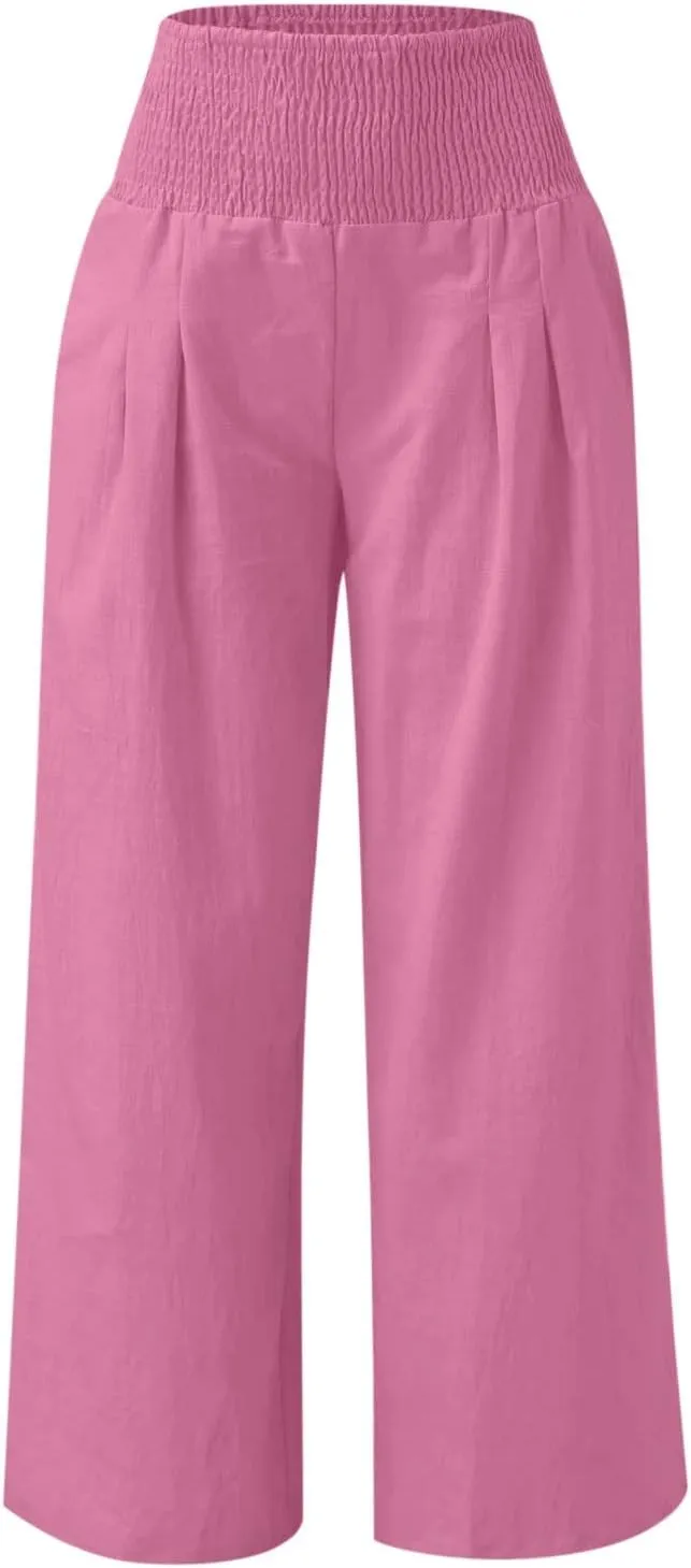 hlysgo Wide Leg Pants Women Smocked Waist Loose Fit Lounge Pants Fashion High Waisted Cotton Linen Straight Trouser Pants