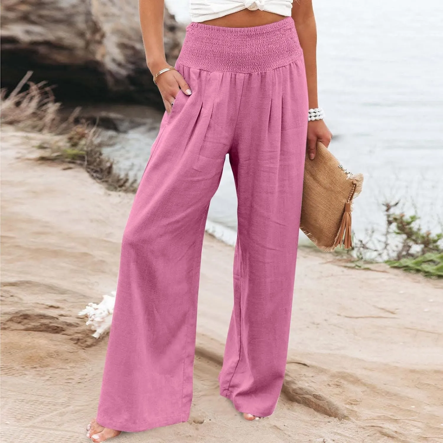 hlysgo Wide Leg Pants Women Smocked Waist Loose Fit Lounge Pants Fashion High Waisted Cotton Linen Straight Trouser Pants