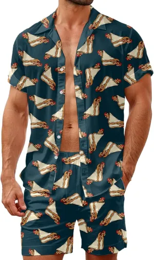 HUGLAZY Mens 2 Piece Outfit Summer Shirts Short Sleeve Hawaiian Shirt And Shorts Beach Outfits Party Disco