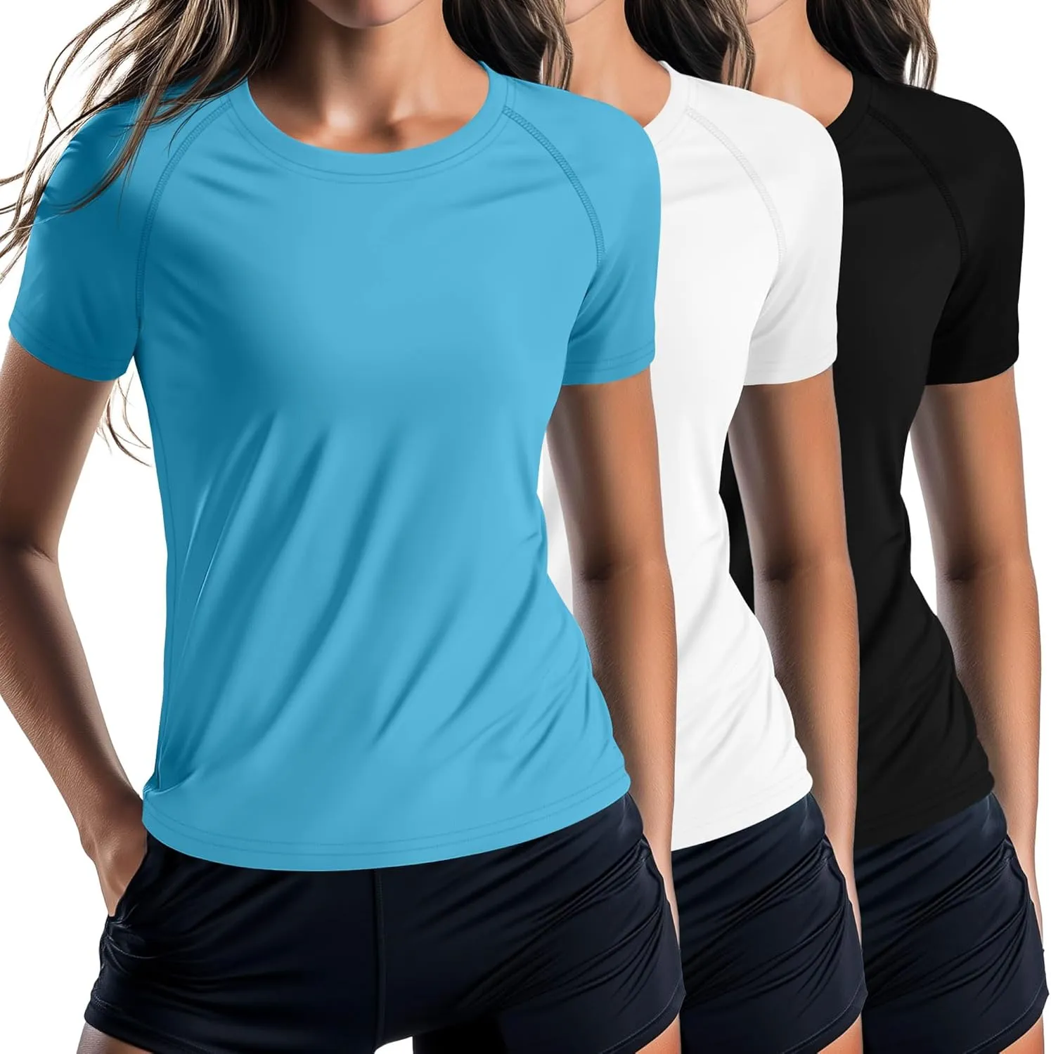 Huukeay 3 Pack Women's Swim Shirt Short Sleeve Rash Guard Quick Dry Crewneck Swimsuit Summer UV Sun Protection Tops UPF 50 