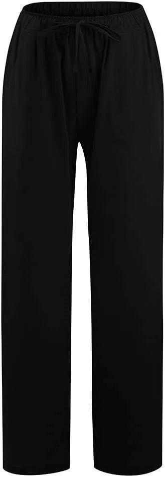 Hvyesh Women Cotton Linen Pants Summer Wide Leg Casual Loose Drawstring High Waist Palazzo Pants Trousers with Pockets
