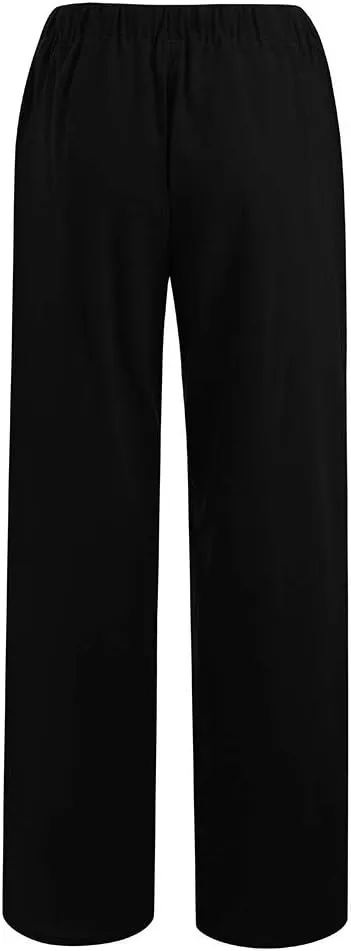 Hvyesh Women Cotton Linen Pants Summer Wide Leg Casual Loose Drawstring High Waist Palazzo Pants Trousers with Pockets