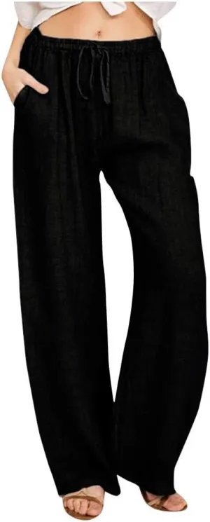 Hvyesh Women Cotton Linen Pants Summer Wide Leg Casual Loose Drawstring High Waist Palazzo Pants Trousers with Pockets