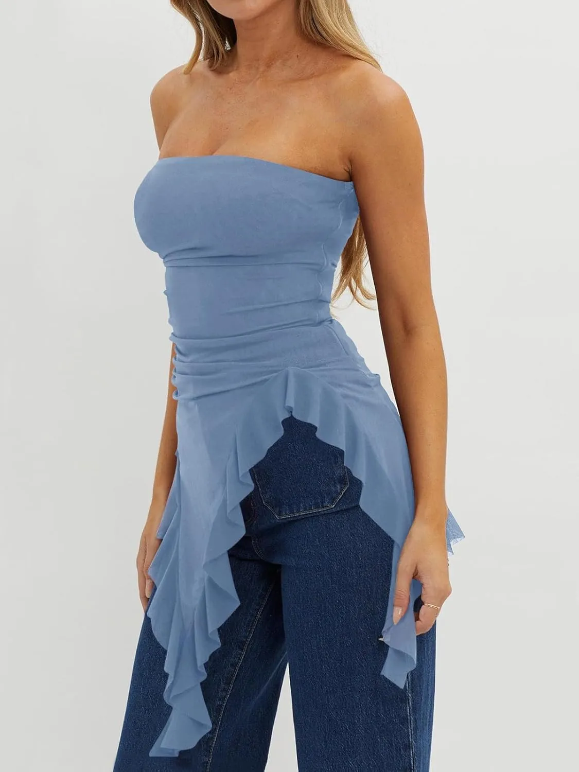 Imily Bela Womens Asymmetrical Tube Top Strapless Ruffle Hem Slim Fitted Shirts Y2K Going Out Tops