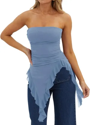 Imily Bela Womens Asymmetrical Tube Top Strapless Ruffle Hem Slim Fitted Shirts Y2K Going Out Tops
