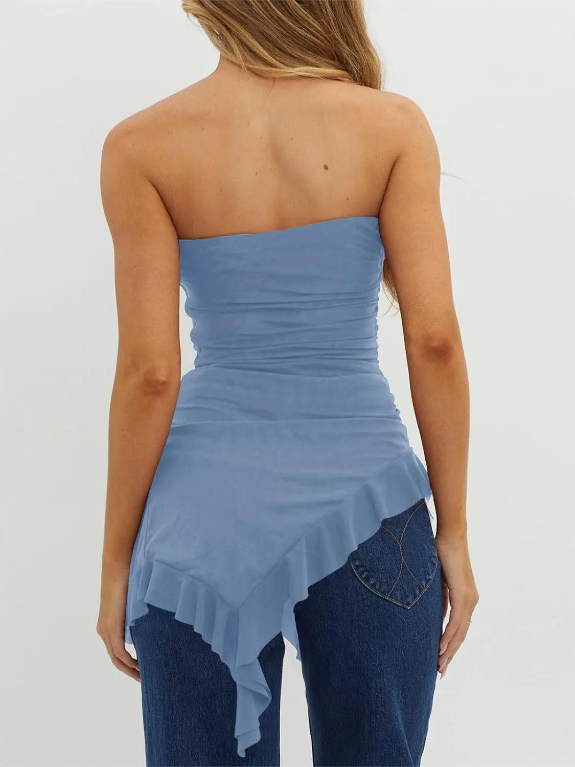 Imily Bela Womens Asymmetrical Tube Top Strapless Ruffle Hem Slim Fitted Shirts Y2K Going Out Tops
