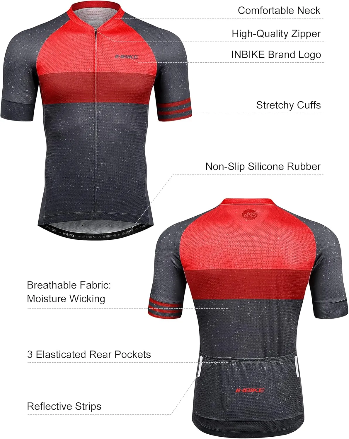 INBIKE Mens Cycling Jersey 3 Rear Pockets Moisture Wicking Short Sleeve Quick Dry Reflective Biking Shirts