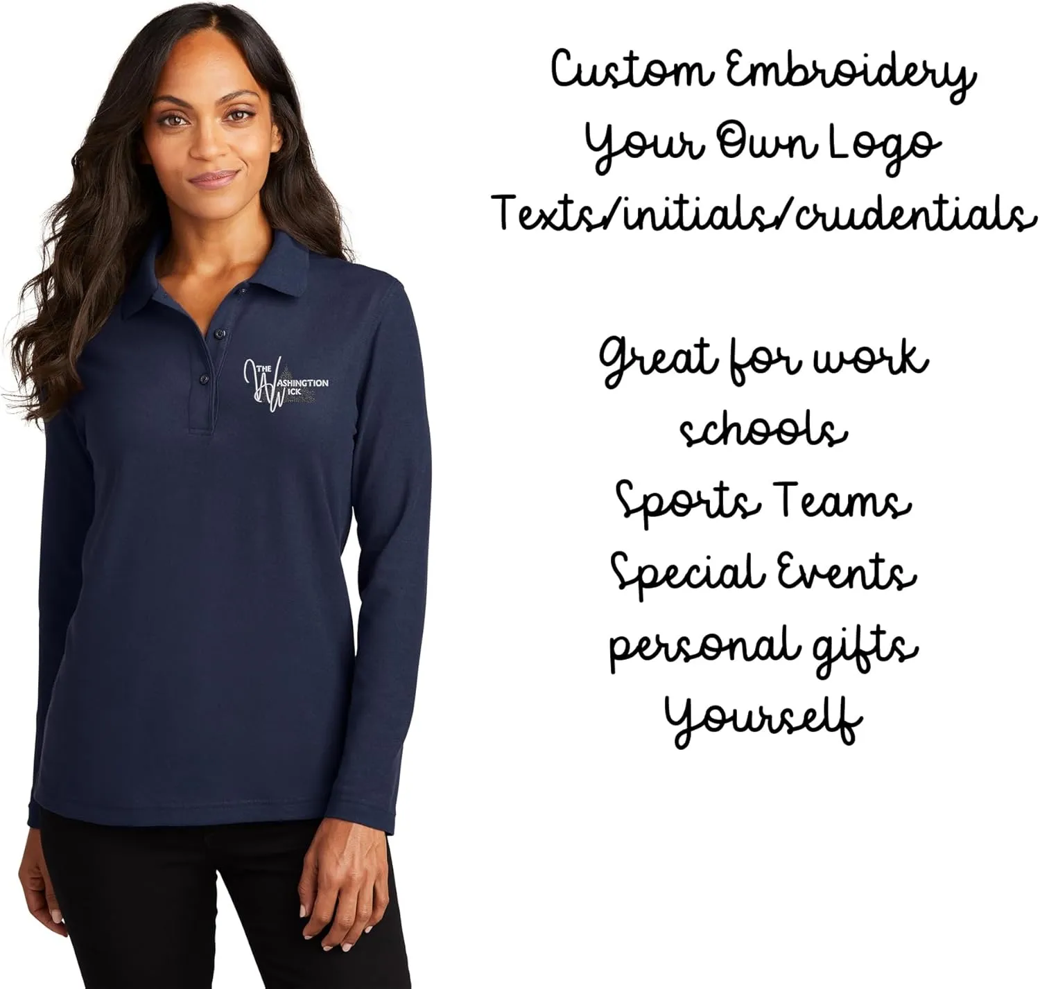 INK STITCH Women L500ls Custom Add Your Logo Texts Embroidery Silk Touch Long Sleeve Polo Shirts