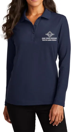 INK STITCH Women L500ls Custom Add Your Logo Texts Embroidery Silk Touch Long Sleeve Polo Shirts