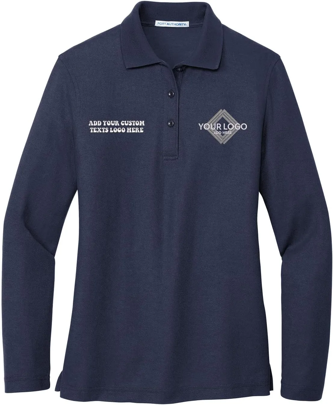 INK STITCH Women L500ls Custom Add Your Logo Texts Embroidery Silk Touch Long Sleeve Polo Shirts